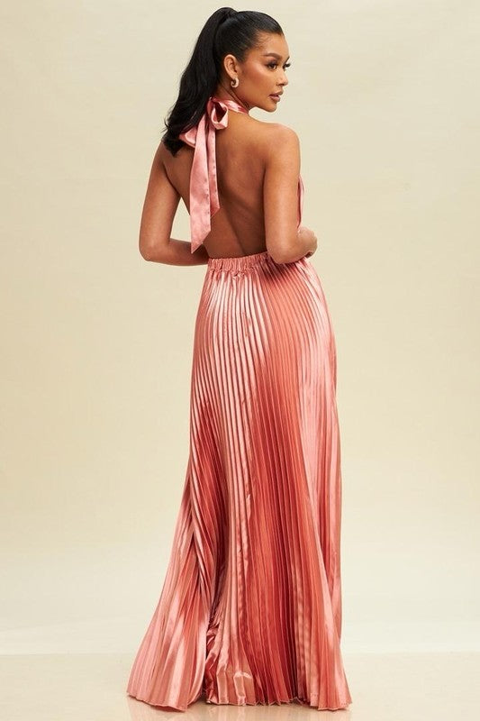 Satin Pleated Formal Dress - Champagne