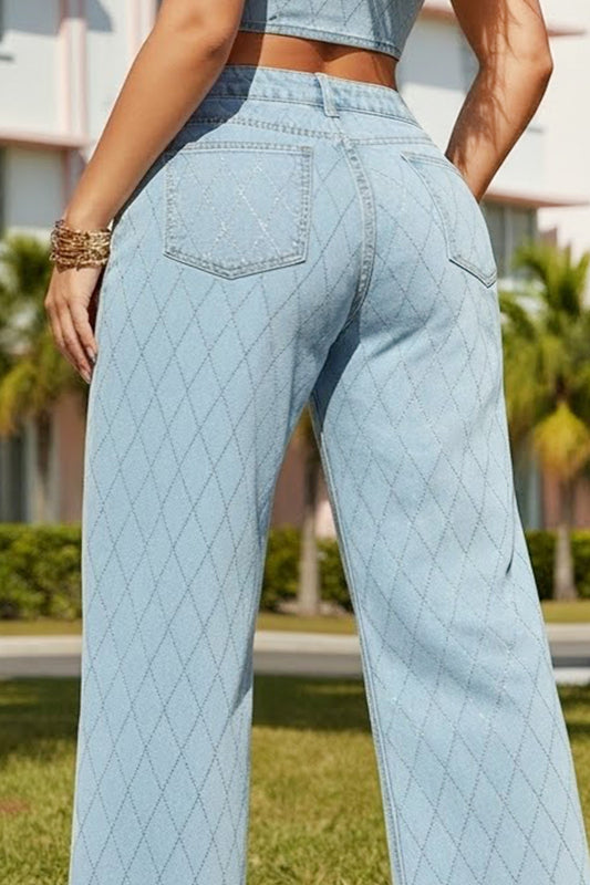 High Rise Rhinestone Jeans Light Denim