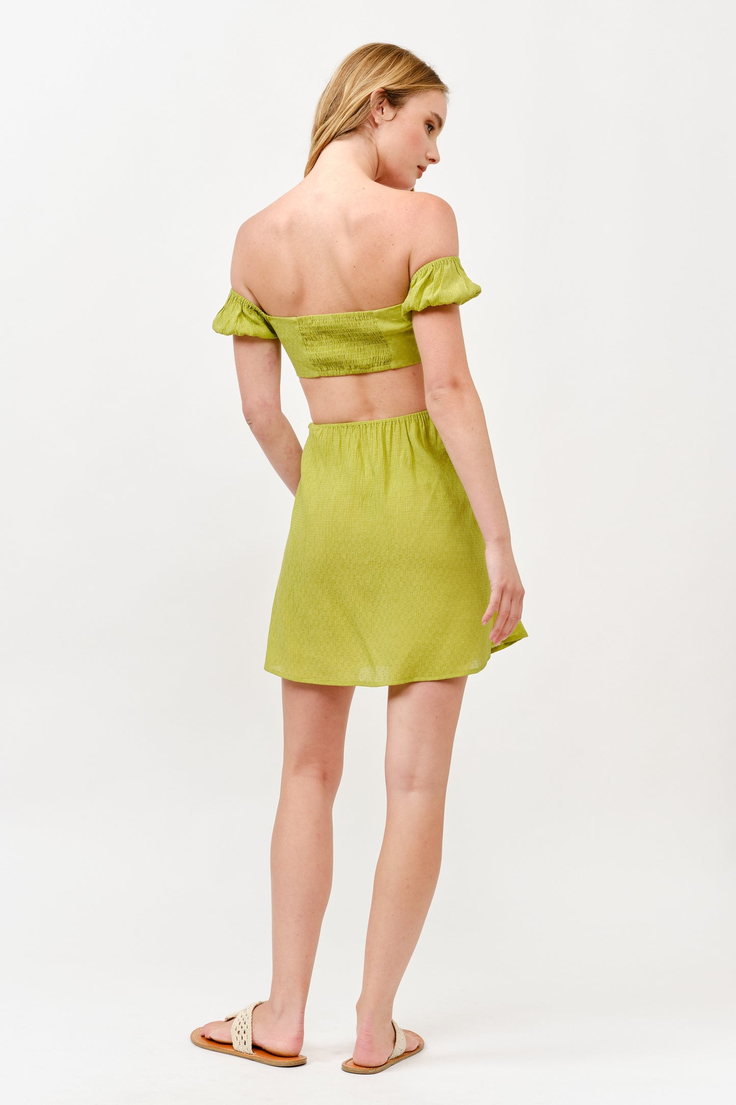 Green Off Shoulder Cutout Waist Dress
