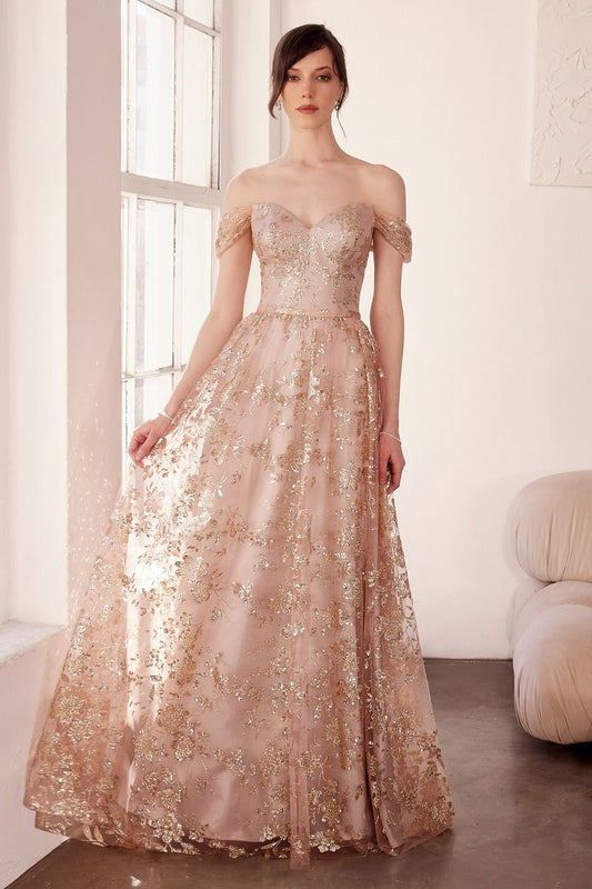 Off Shoulder A-Line Formal Dress - Mocha Gold