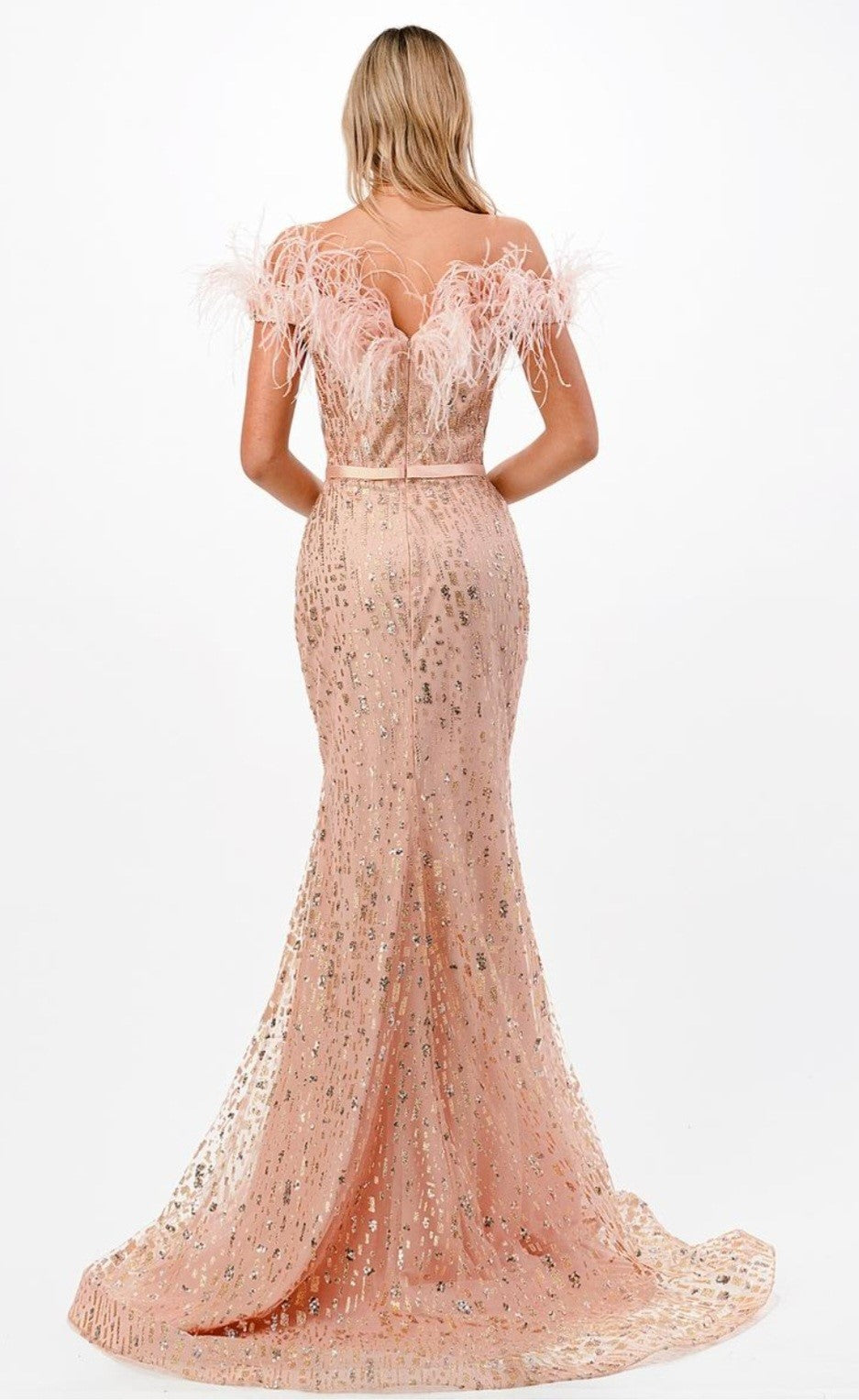 Formal Dress Off Shoulder Feather Mocha Gold