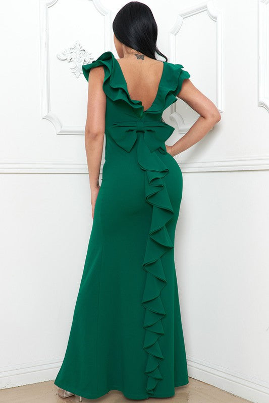 Hunter Green Bow Back Formal Dress