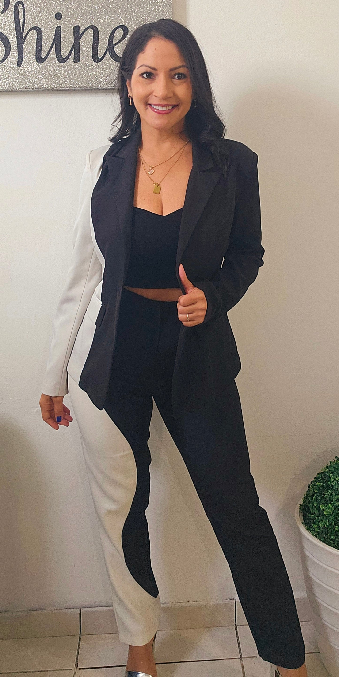 Sophisticated White and Black Blazer Set