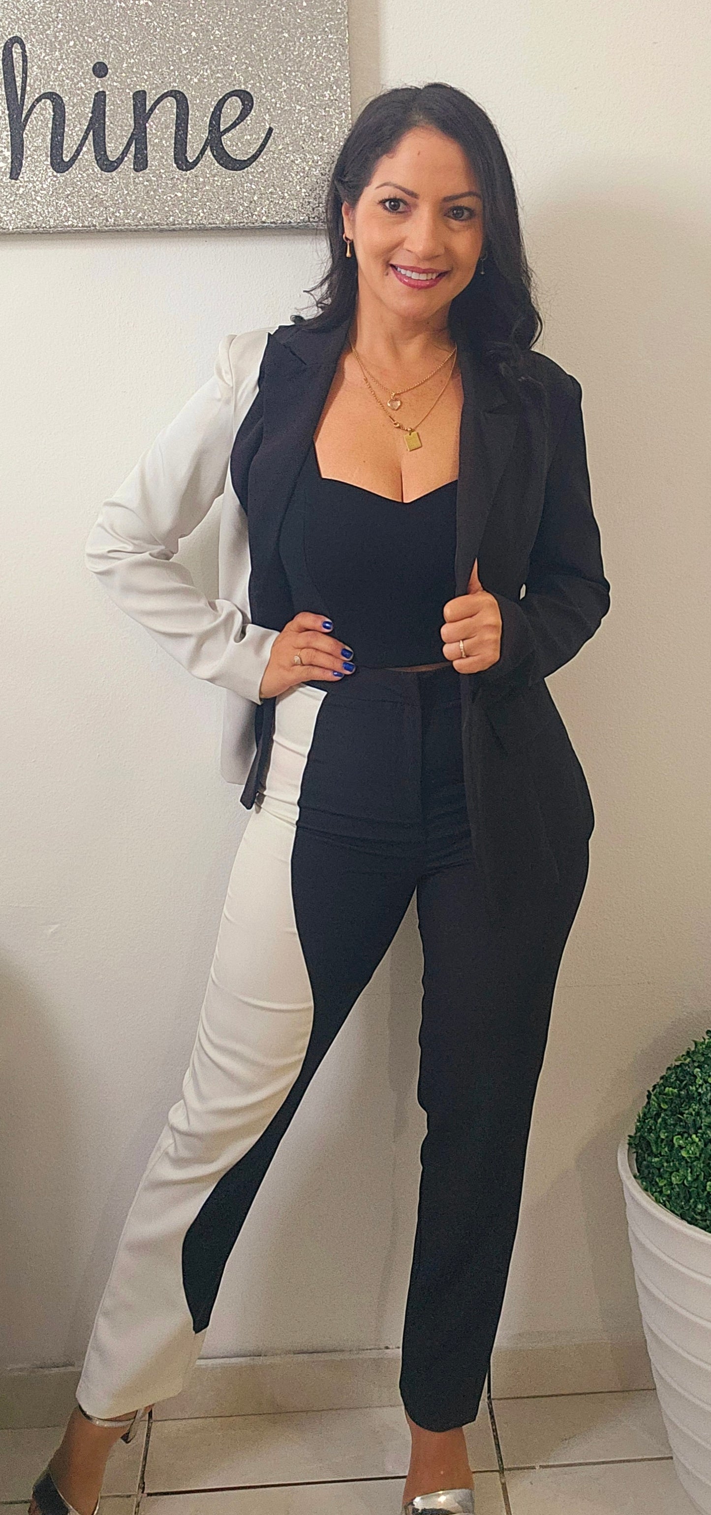 Sophisticated White and Black Blazer Set