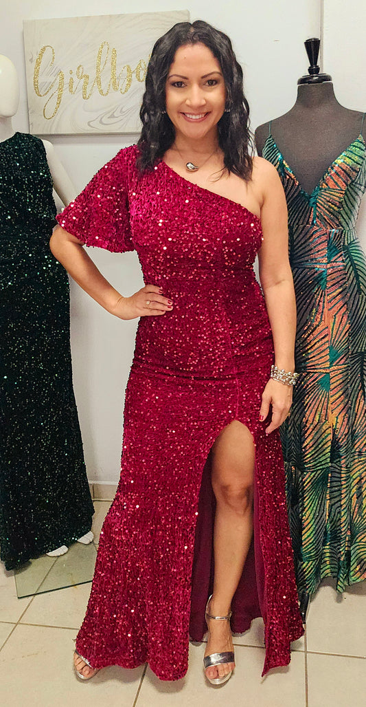 One Shoulder Sequin Dress - Berry