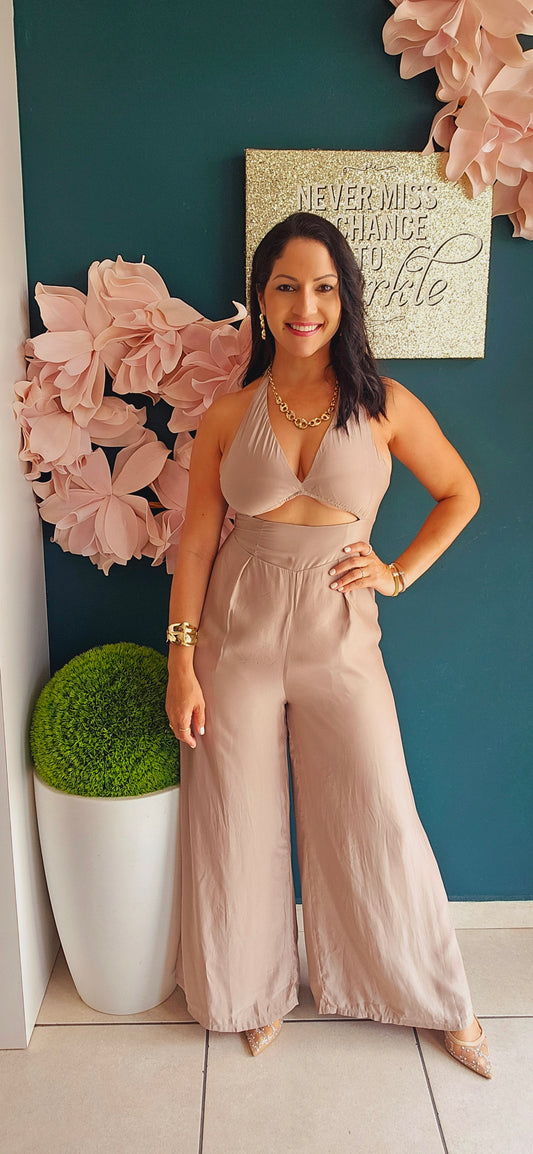 Halter Jumpsuit - Tan color