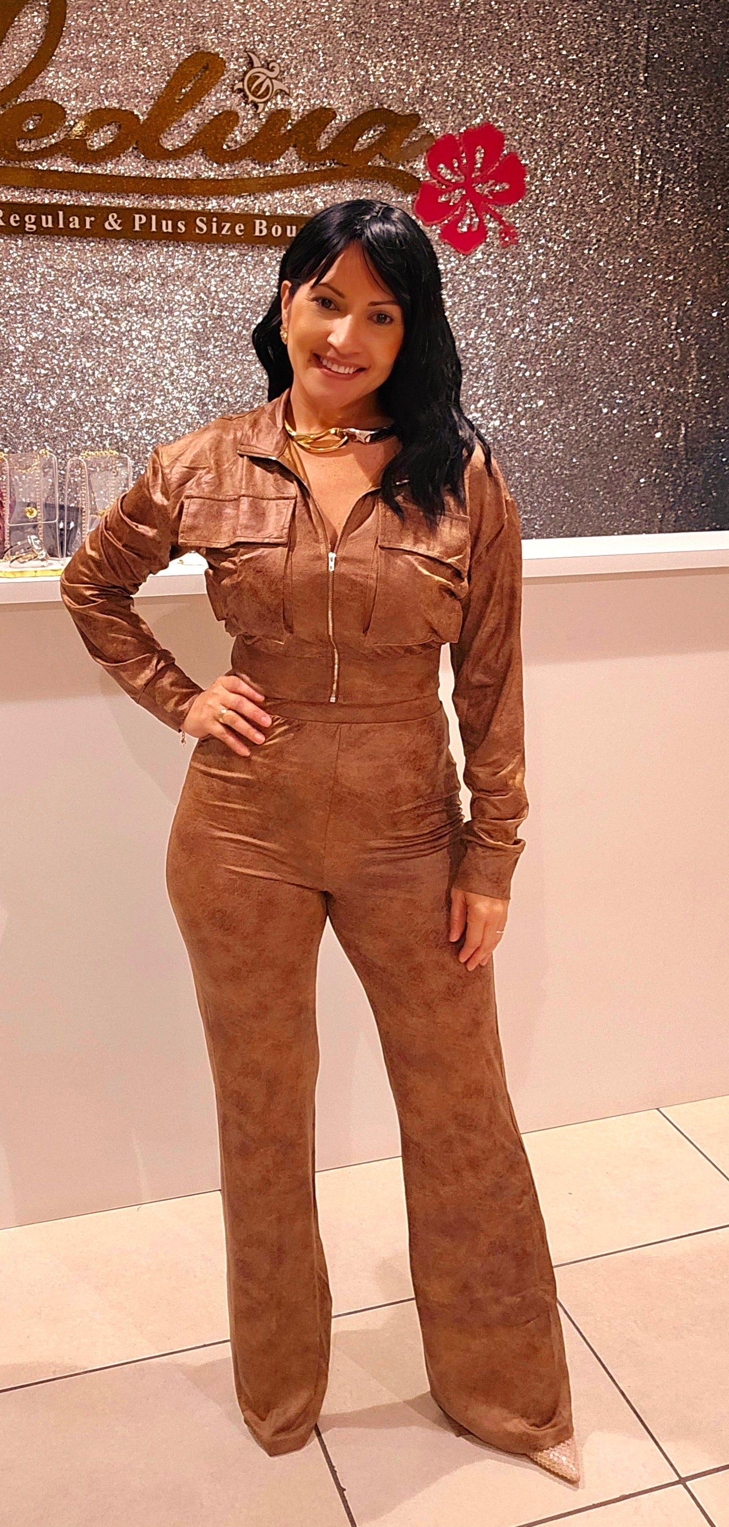 Brown Leather Set Long Pant and Jacket