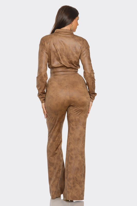 Brown Leather Set Long Pant and Jacket
