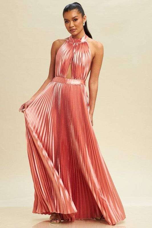Satin Pleated Formal Dress - Champagne