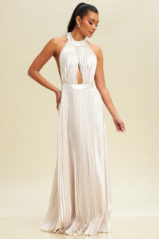 Satin Pleated Formal Dress - Champagne