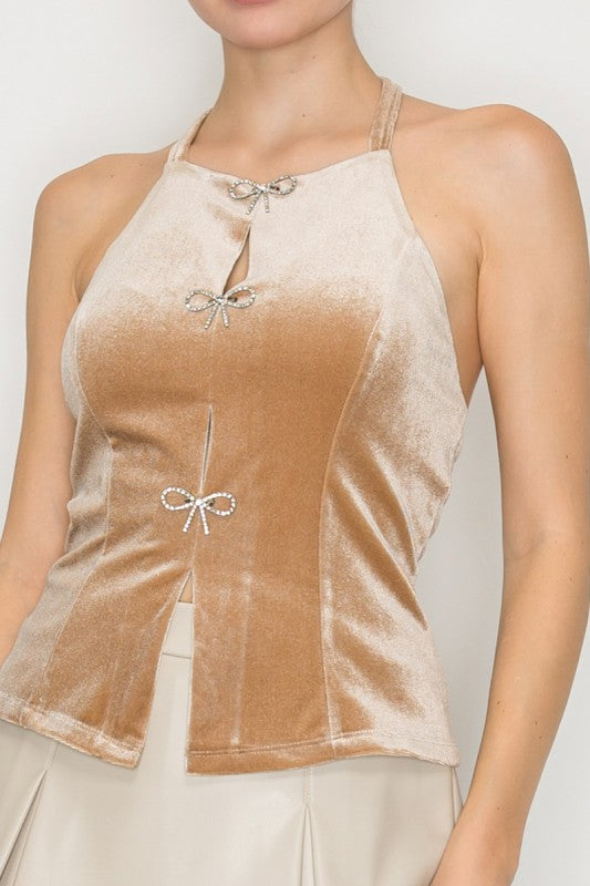 Velvet Tan Top with Front Bow