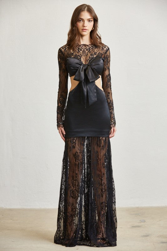 Black Bow Satin Lace Dress