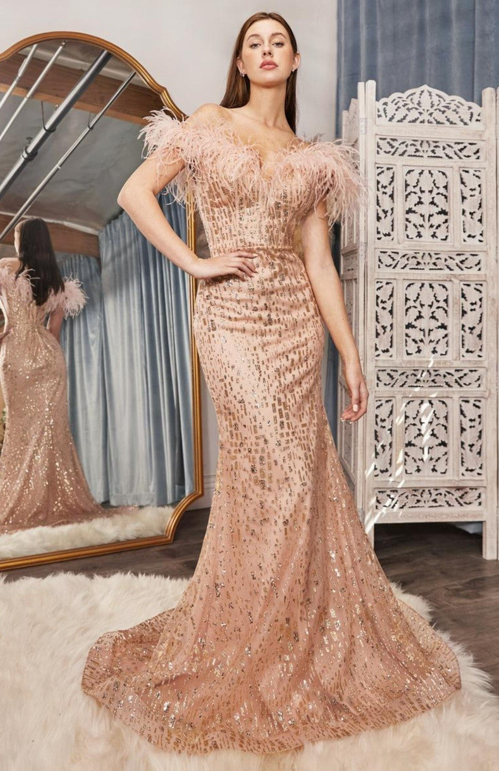 Formal Dress Off Shoulder Feather Mocha Gold