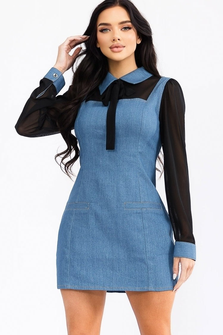 Denim Dress With Mesh Collar Bow