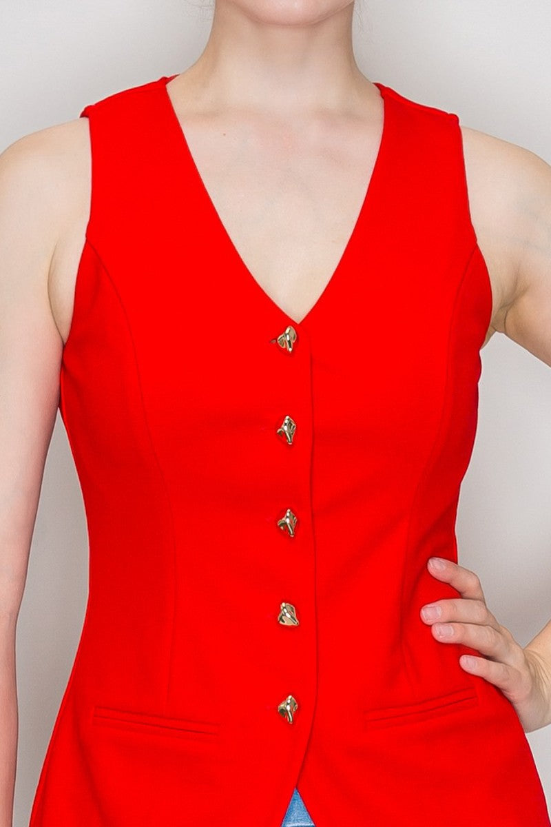 V-neck Buttoned Top Red